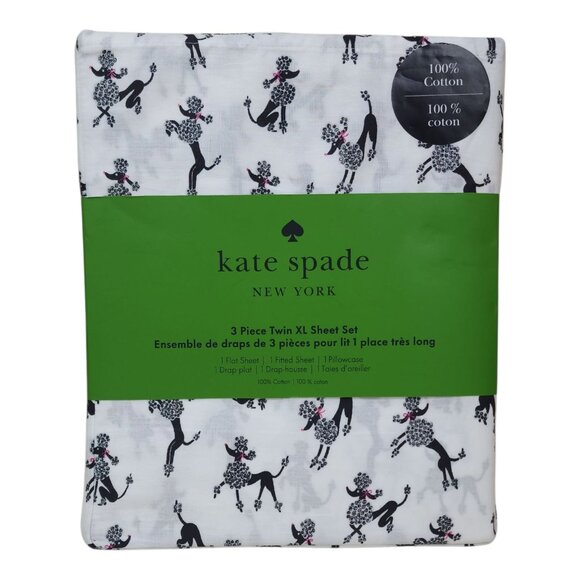 Kate Spade New York 3 Piece Twin XL Sheet Set Dancing Poodles Cotton Black White - Picture 1 of 9